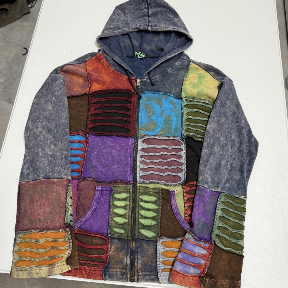 Patchwork Zip Up Hoodie womans XL Multi color hippie Razor Cut Acid Wash Boho